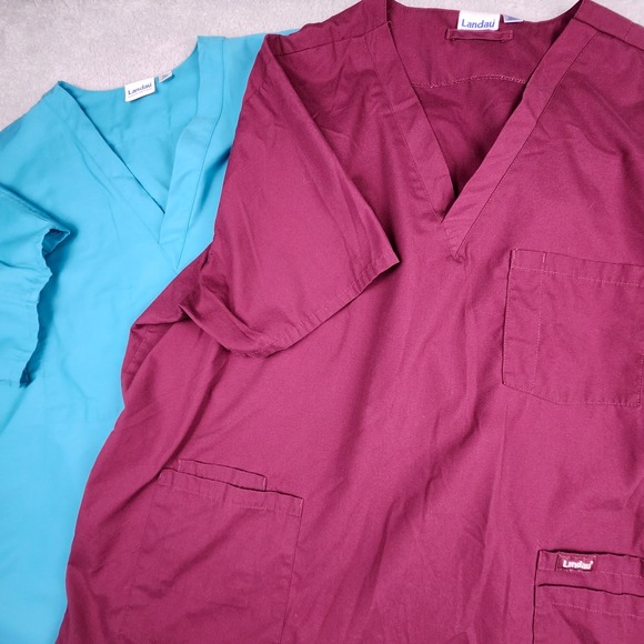 Landau Tops - Landau Scrub Tops Unisex 3XL Blue Red V-Neck Pocket Medical Workwear Smock
